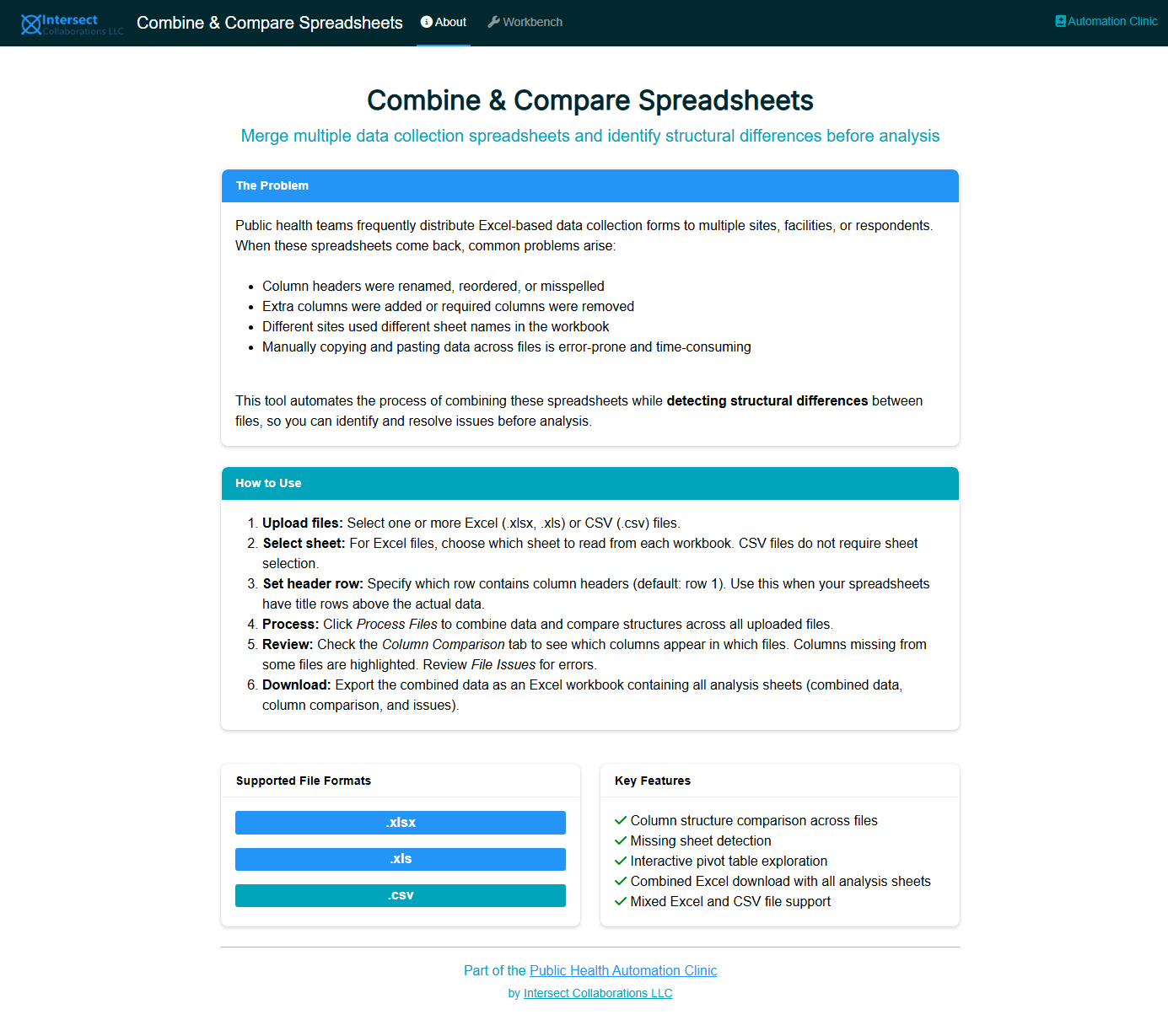 Screenshot of the Stack and Check Spreadsheets app About page showing the app description and feature overview.