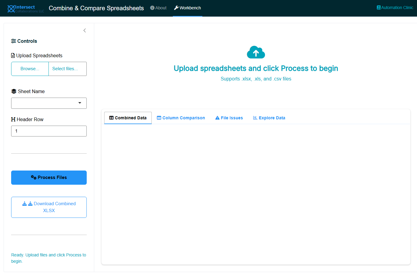 Screenshot of the empty Workbench tab with the file upload control and processing options visible in the sidebar.