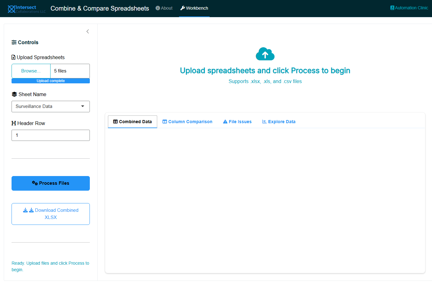 Screenshot showing five uploaded Excel files listed in the sidebar with sheet name dropdown and header row selector.