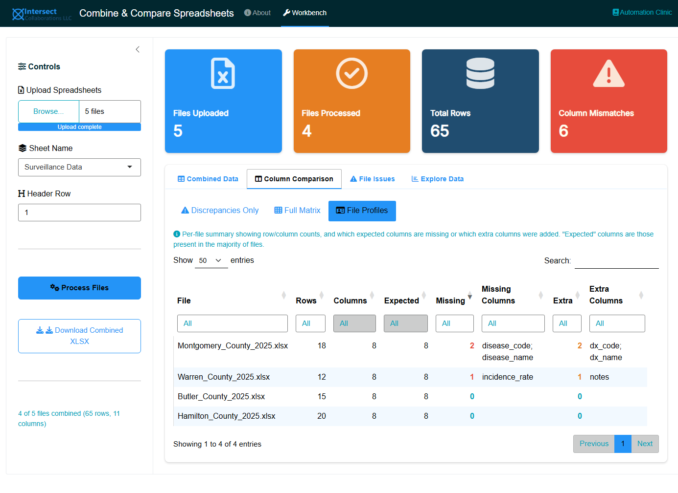 Screenshot of the File Profiles sub-tab showing a per-file summary table with rows, columns, expected, missing, and extra column counts.
