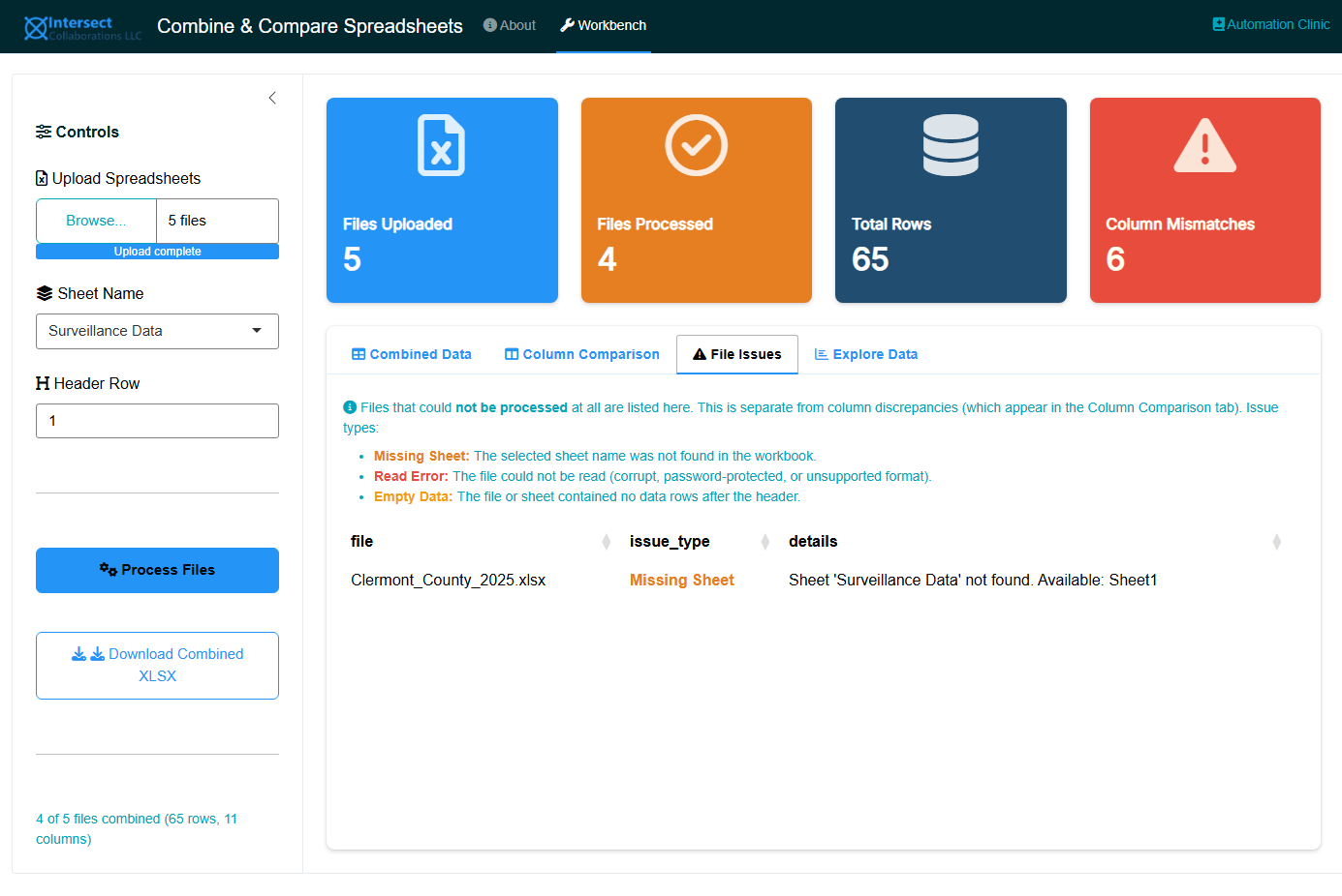 Screenshot of the File Issues tab showing a table of files with processing problems such as missing sheets or read errors.